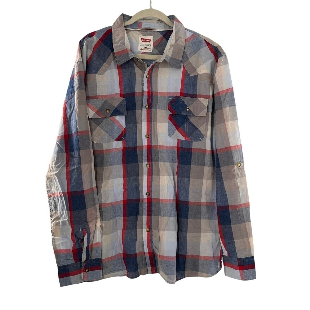 Levis Mens‎ XXL Plaid Button-Up Shirt In Red/Blue/Beige Western Preppy Cowboy